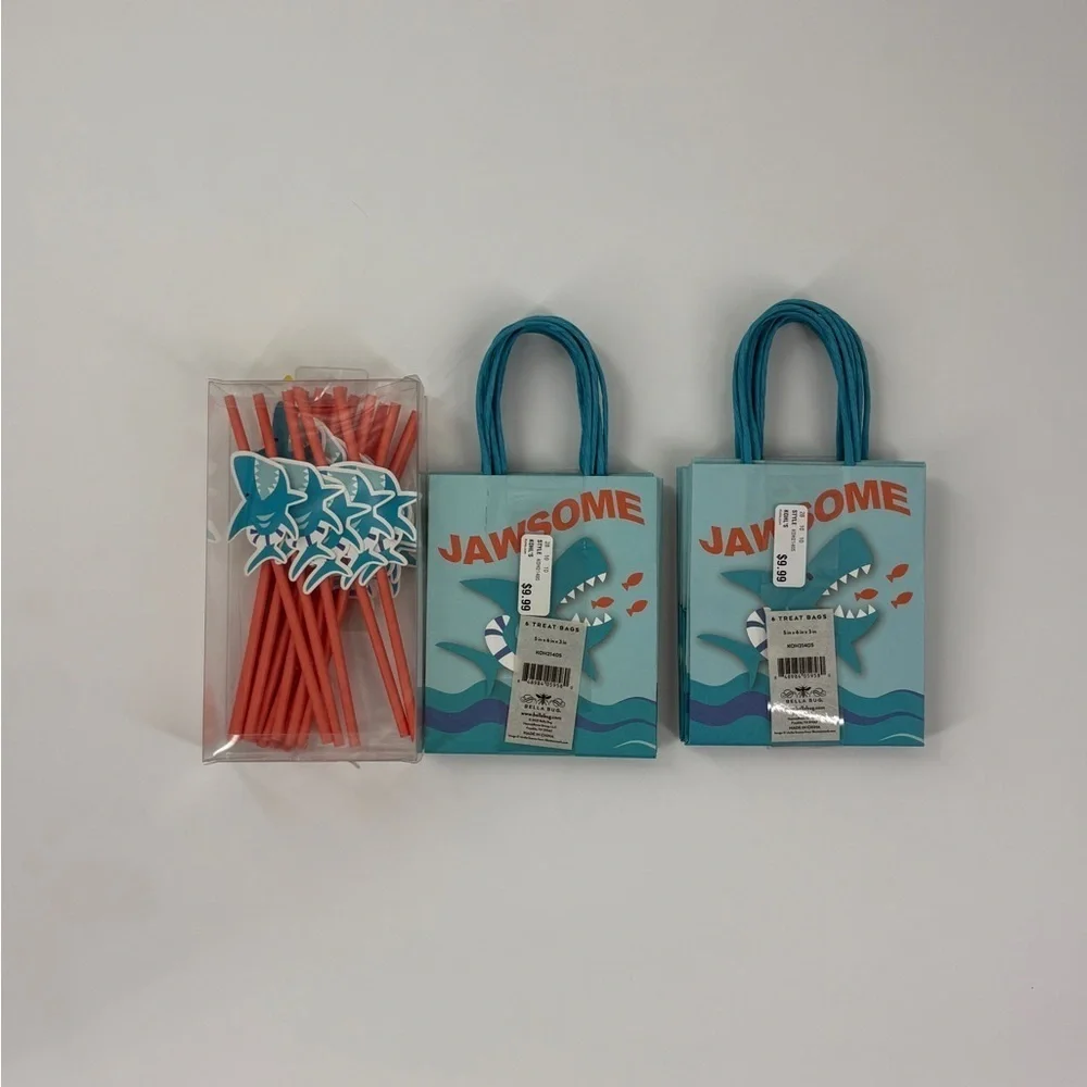 Jawsome Shark Party Favor Bags and Straws Set - Blue and Orange